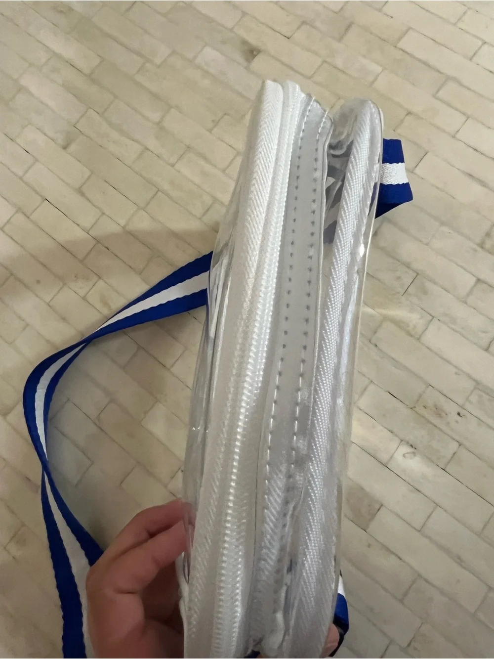 Clear Belt Bag with White Trim and Blue-White Adjustable Strap